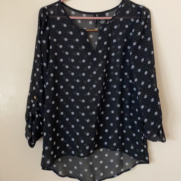 NEW DIRECTIONS POLKA DOT SHEER LONG SLEEVE BLOUSE PETITE MEDIUM BLACK AND WHITE - Picture 3 of 10